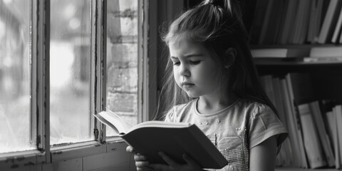 Canvas Print - Young girl sitting by an open window, reading a book