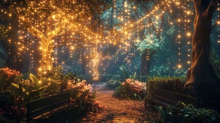 Wall Mural - Pixel art enchanted garden with fairy lights