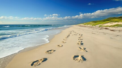 Sticker - A sandy beach with footprints in the sand leading to a body of water, AI