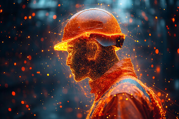 Wall Mural - Two digital construction workers wearing holographic safety helmets, highlighting futuristic technology and augmented reality in engineering and construction.
