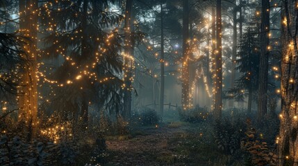 Wall Mural - Enchanted forest with fairy lights