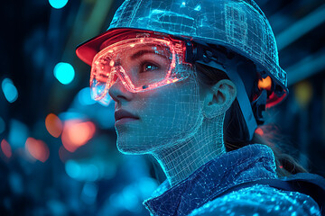 Wall Mural - Two digital construction workers wearing holographic safety helmets, highlighting futuristic technology and augmented reality in engineering and construction.
