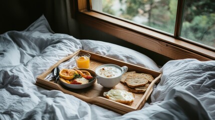 Canvas Print - A tray of a breakfast on the bed with orange juice and bread, AI