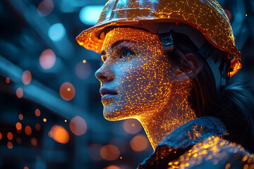 Wall Mural - Two digital construction workers wearing holographic safety helmets, highlighting futuristic technology and augmented reality in engineering and construction.
