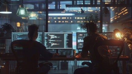 Collaborative workspace with programmers discussing code and application functionality, showcasing teamwork and innovation