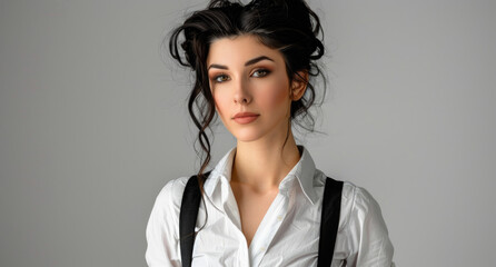 Wall Mural - A beautiful woman with dark hair in an updo, wearing black high-waisted overalls and a white blouse, poses for the camera.