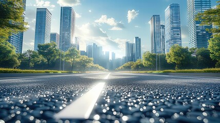 Aufkleber - A beautiful modern city with modern skyscraper in the background, and with an asphalt street in front, sun is shining. Generative AI.
