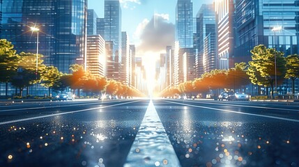 Aufkleber - A beautiful modern city with modern skyscraper in the background, and with an asphalt street in front, sun is shining. Generative AI.