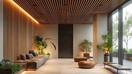 Poster - A wide and deep room, with a black door in the background of the picture, wooden louvers ceiling with lowered organic gypsum board ceilings concealing led lights. Generative AI.