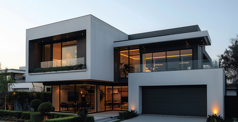 Poster - A modern minimalist house in a suburban setting, showcasing its entire architectural design with clean lines and a sophisticated facade. Generative AI.