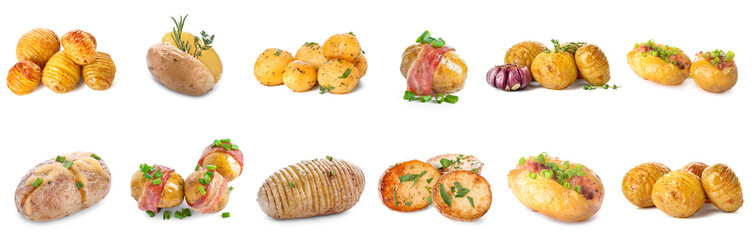 Wall Mural - Set of delicious baked potato on white background