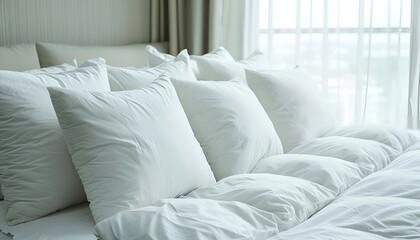 Wall Mural - Many soft pillows on bed at home