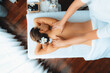 © InfiniteFlow - Panorama top view woman customer enjoying relaxing anti-stress spa massage and pampering with beauty skin recreation leisure in day light ambient salon spa at luxury resort or hotel. Quiescent