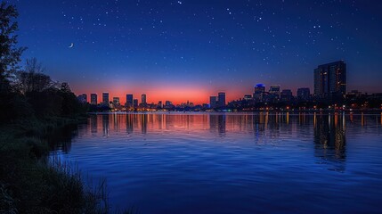 Boston skyline in the evening, viewed across the Charles River from Cambridge. The city lights reflect on the calm water, iconic buildings in a tranquil and picturesque urban scene