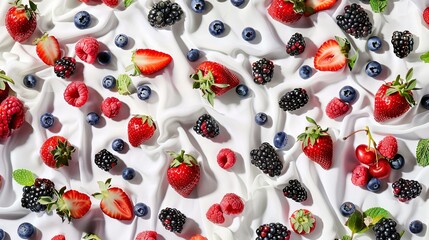 Wall Mural - Summer berry medley spread out on a white tablecloth