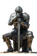 © Fotograf - A medieval knight sits on a bench, holding his sword