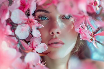 Wall Mural - A person wearing pink flowers as a headdress