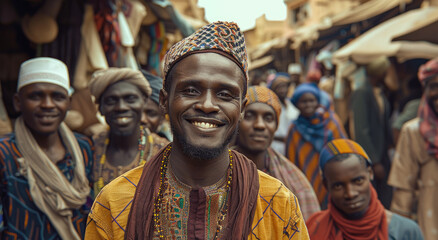 Wall Mural - A portrait of an African man with his friends, all smiling and looking at the camera in front of him