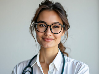 Wall Mural - portrait of a smiling female doctor with glasses, uniform and medical implement isolated on a white background