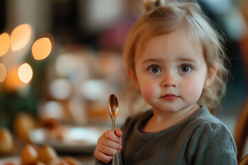 Wall Mural - A toddler holding a spoon with wide eyes, surrounded by a warm, bokeh-lit background, creating a sense of innocence and wonder.