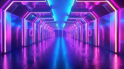 Sticker - A long, dark hallway with neon lights in pink, blue and yellow. The floor is reflective and there is a slight glow to the walls.