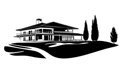 golf clubhouse with an expansive terrace overlooking a manicured golf course, vector illustration ar