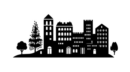 Historic castle in modern urban setting with buildings and trees, vector illustration art