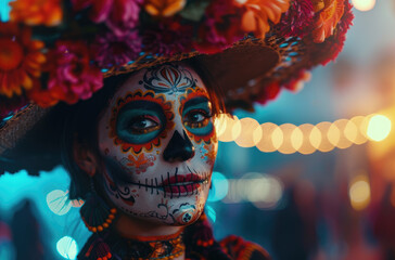 Wall Mural - A woman with face paint in the shape of sugar skulls and vibrant flowers, wearing an elaborate sombrero for the Day Of The Dead parade