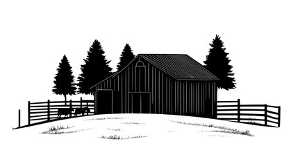 Livestock barn with fenced areas, situated close to a cluster of trees, vector illustration art