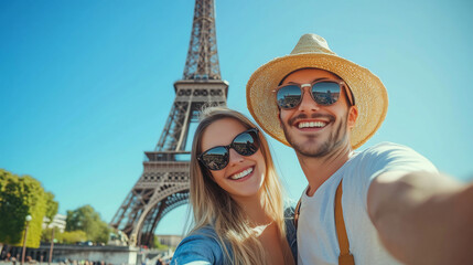 young couple taking a selfie photo in front of the Eiffel Tower, with a summer time and blue sky background, representing the travel concept