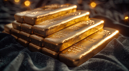 Poster - A set of gold bars of varying sizes displayed on a dark velvet background with spotlighting. Generative AI.