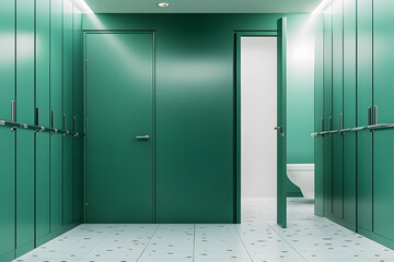 Wall Mural - Green public bathroom interior toilet cubicles and opened door, mock up wall