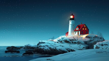 A winter evening at Nubble Lighthouse in York, Maine. The iconic lighthouse stands amidst a snowy landscape, illuminated by soft evening light, with the ocean waves gently crashing against the rocky