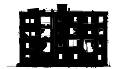 dilapidated, multi-story building with broken windows and exposed structural elements, vector illust