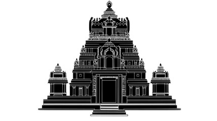 Wall Mural - Hindu temple with ornate carvings, surrounded by urban buildings and a visible public square, vector illustration art