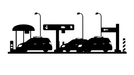 Multiple taxis lined up in a designated taxi stand area, with visible road markings and signs, vector illustration art