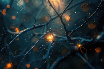 Close-up of a spider web on a tree branch, with intricate details and natural textures