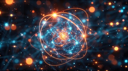 Leinwandbilder - Abstract representation of an atom and electronic swirling around it, glowing blue energy lines connecting them to each other, set against the backdrop of dark space, with glowing orange particles.
