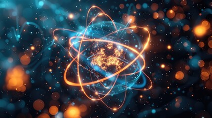Leinwandbilder - Abstract representation of an atom and electronic swirling around it, glowing blue energy lines connecting them to each other, set against the backdrop of dark space, with glowing orange particles.