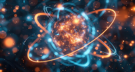 Leinwandbilder - Abstract representation of an atom and electronic swirling around it, glowing blue energy lines connecting them to each other, set against the backdrop of dark space, with glowing orange particles.