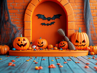 Central empty 3D podium, with Jack-o'-lanterns and a witch's broom leaning against it. Spiders and cobwebs cover the surroundings, with bats flying in the background and candy scattered on the floor.