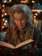 Wall Mural - An elderly woman reading a book. AI.