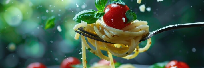 Poster - Floating pasta with tomatoes and basil on a fork descending onto a plate