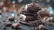 © visoot - Stack of broken pieces of dark chocolate arranged in a somewhat haphazard manner. Some chocolate shards are seen flying and scattered around. Generative AI.