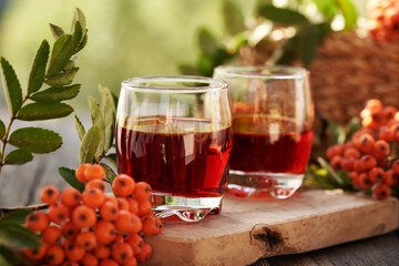 Poster - Two glasses of herbal syrup with fresh wild orange rowanberry