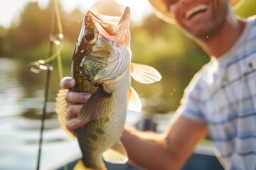 Wall Mural - A fisherman holds up a fish with a smile. AI.