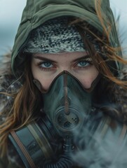 Canvas Print - A woman in a gas mask looks intensely at the camera. AI.