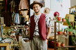 © AnnaStills - Man smiling while standing in cozy store filled with various clothing, accessories, and potted plants creating a warm and inviting atmosphere