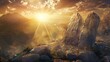 © decorator - Divine commandments  god s laws on stone tablets under sunlight on mountain   realistic photo