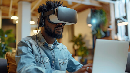 Aufkleber - African American man with VR headset working on laptop. Generative AI.